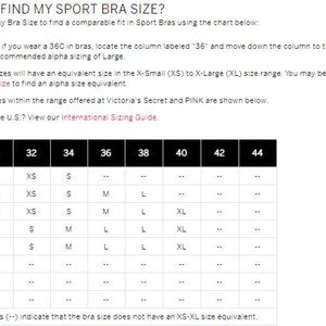 victoria secret sports bra size chart